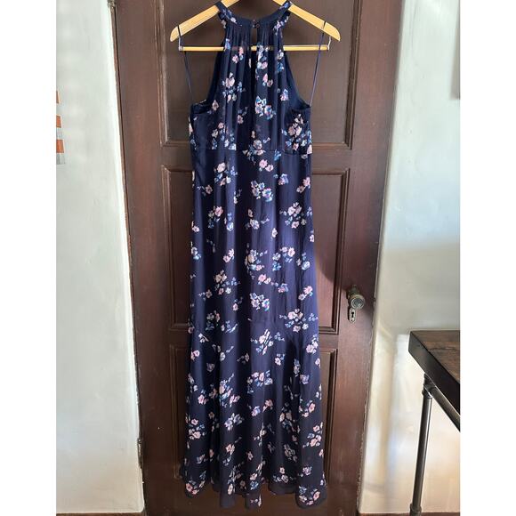 A PEA IN THE POD | Navy Blue Floral Chiffon Halter Maxi Dress | Size Small - Picture 3 of 7